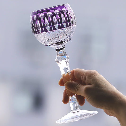 JP-096  8oz Hand Cut to Clear and Purple Colored Wine Glass Goblet Hand Cutting Lotus Deisgn
