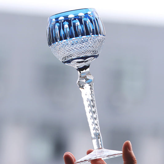 JP-096  8 oz Hand Cut and Smokey Blue Colored Wine Glass Stem Glass Goblet Engraved Lotus Deisgn
