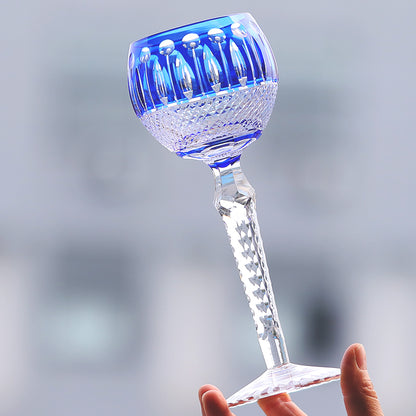 JP-096  8 oz Handcrafted Blue Color Cased Wine Glass Goblet Hand Cutting Lotus Deisgn