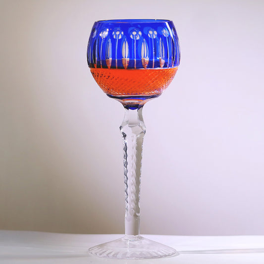 JP-096  8 oz Handcrafted Blue Color Cased Wine Glass Goblet Hand Cutting Lotus Deisgn