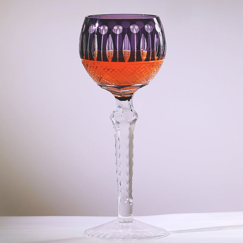 JP-096  8oz Hand Cut to Clear and Purple Colored Wine Glass Goblet Hand Cutting Lotus Deisgn