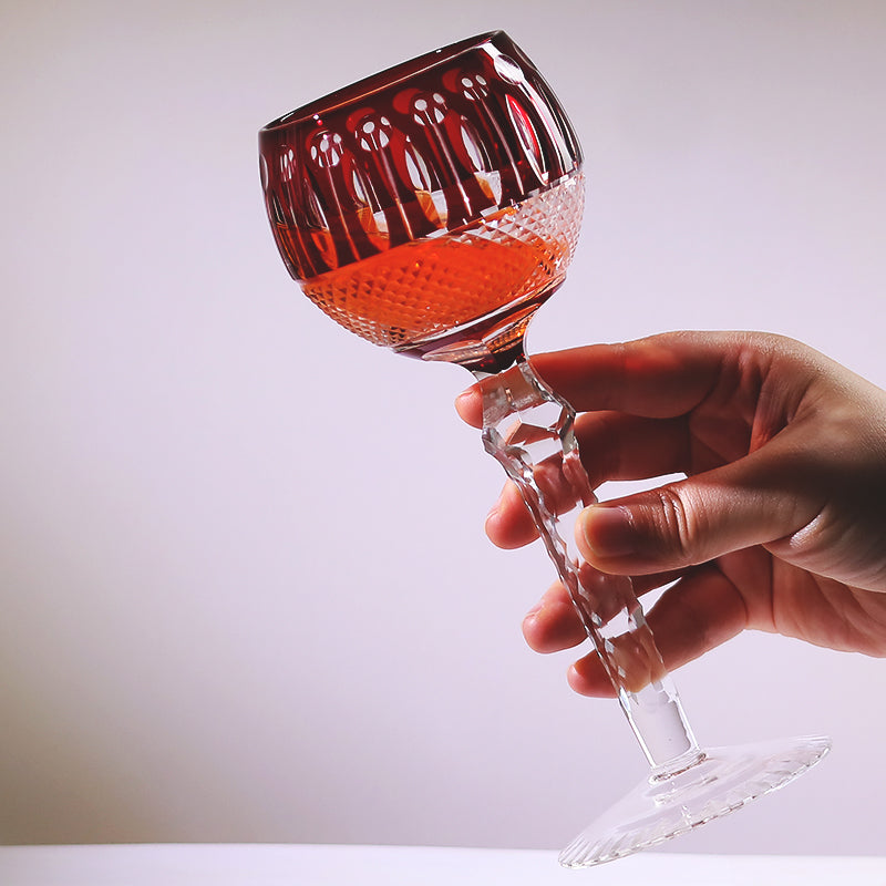 JP-096  8oz Handcrafted Ruby Red Wine Glass Goblet Hand Cutting Lotus Deisgn