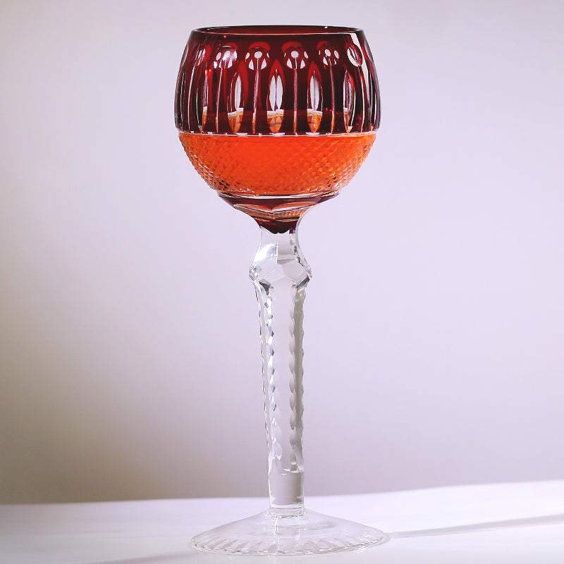 JP-096  8oz Handcrafted Ruby Red Wine Glass Goblet Hand Cutting Lotus Deisgn