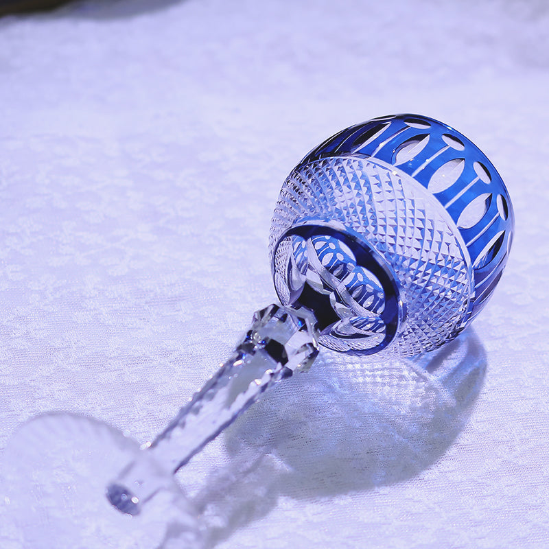 JP-096  8 oz Hand Cut and Smokey Blue Colored Wine Glass Stem Glass Goblet Engraved Lotus Deisgn