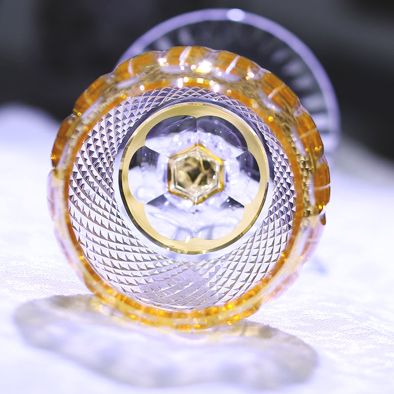 JP-096  8oz Handcrafted Orange Color Cased Wine Glass Goblet Hand Cutting Lotus Deisgn