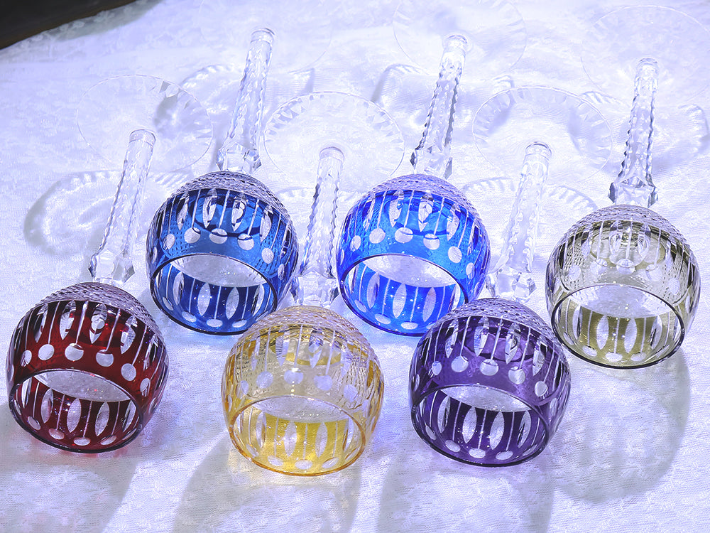 JP-096  8 oz Hand Cut and Smokey Blue Colored Wine Glass Stem Glass Goblet Engraved Lotus Deisgn