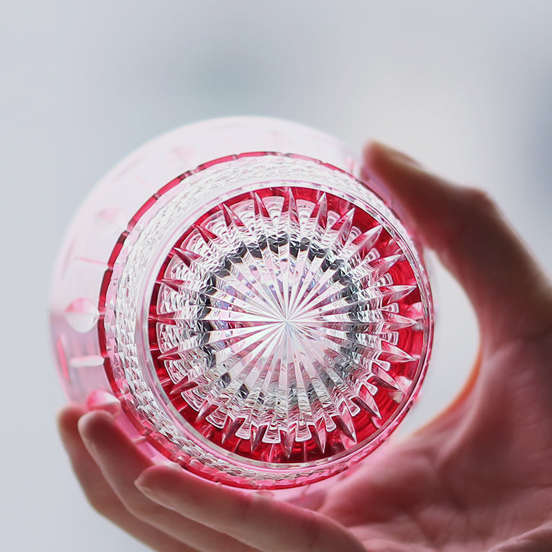 JP-095 Hand Cut And Pink Colored Crystal Glass Cocktail Whiskey Tumbler With Diamond Pearl Star-Cut For Beverage Social Drinkers
