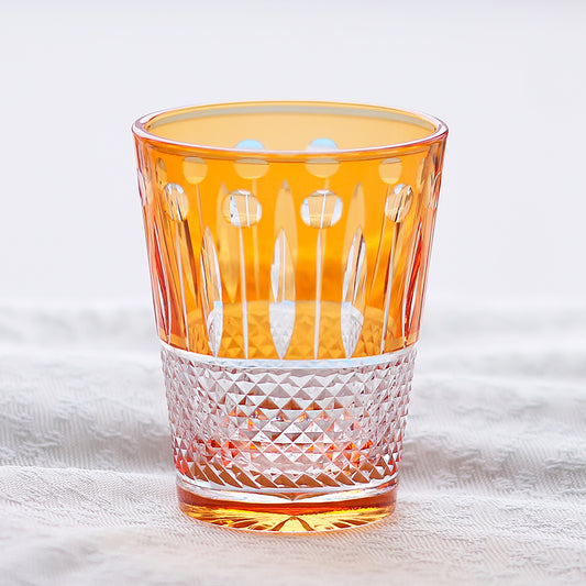JP-095  Handblown Orange Colored Cased Crystal Glass Whiskey Tumbler With Edo Kiriko's Diamond Pearl Star-Cut Design