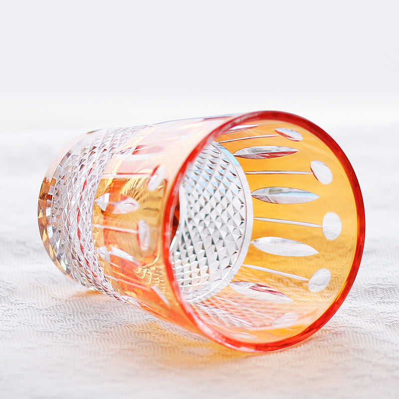 JP-095  Handblown Orange Colored Cased Crystal Glass Whiskey Tumbler With Edo Kiriko's Diamond Pearl Star-Cut Design