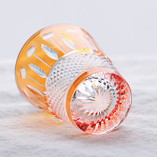 JP-095  Handblown Orange Colored Cased Crystal Glass Whiskey Tumbler With Edo Kiriko's Diamond Pearl Star-Cut Design