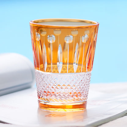 JP-095  Handblown Orange Colored Cased Crystal Glass Whiskey Tumbler With Edo Kiriko's Diamond Pearl Star-Cut Design