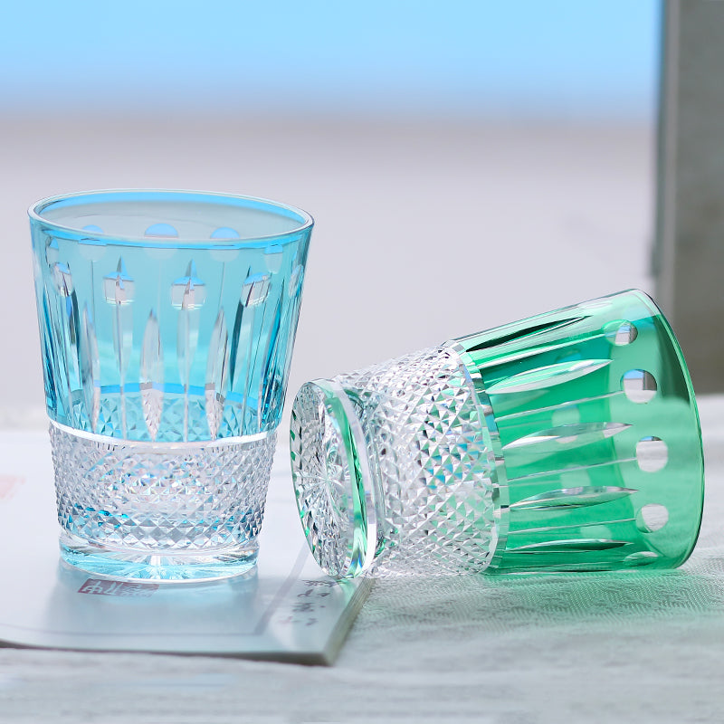 JP-095  Handmade Edo Kiriko's Green Overlaid Crystal Glass Tumbler For Whiskey Old Fashioned Beverage Social Drinkers