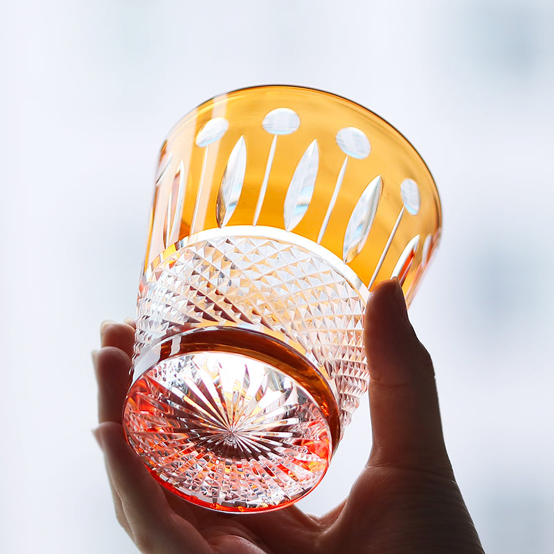 JP-095  Handblown Orange Colored Cased Crystal Glass Whiskey Tumbler With Edo Kiriko's Diamond Pearl Star-Cut Design