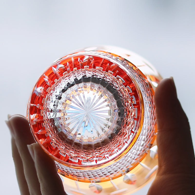 JP-095  Handblown Orange Colored Cased Crystal Glass Whiskey Tumbler With Edo Kiriko's Diamond Pearl Star-Cut Design