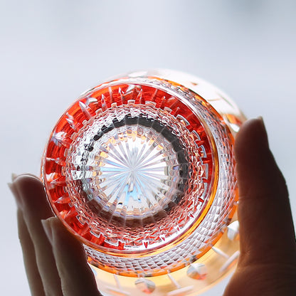 JP-095  Handblown Orange Colored Cased Crystal Glass Whiskey Tumbler With Edo Kiriko's Diamond Pearl Star-Cut Design