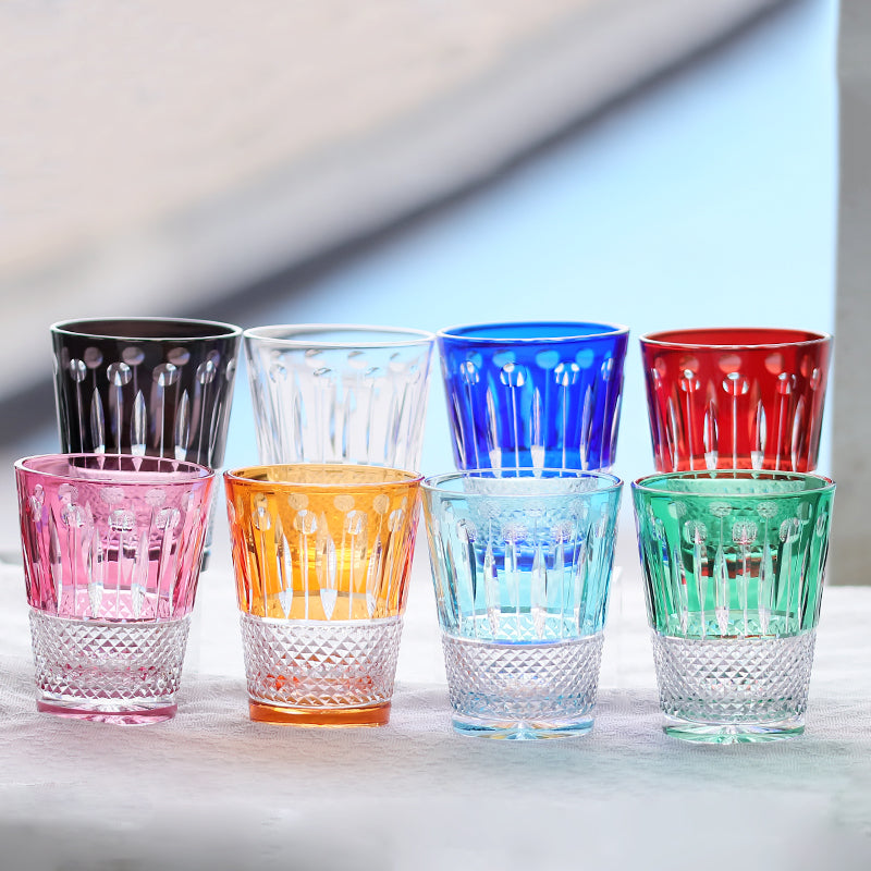 JP-095  Handmade Edo Kiriko's Green Overlaid Crystal Glass Tumbler For Whiskey Old Fashioned Beverage Social Drinkers