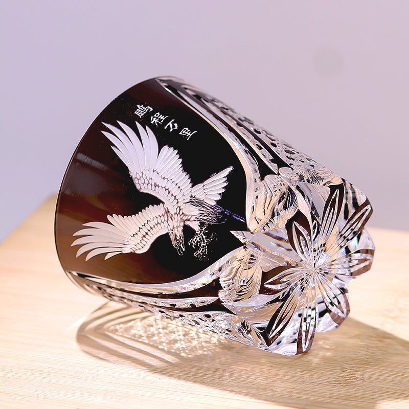 JP-009 320ml Hand Engraved and Black Colored Whiskey Glass Tumbler with Edo Kiriko's Hawk Spread Wings Design