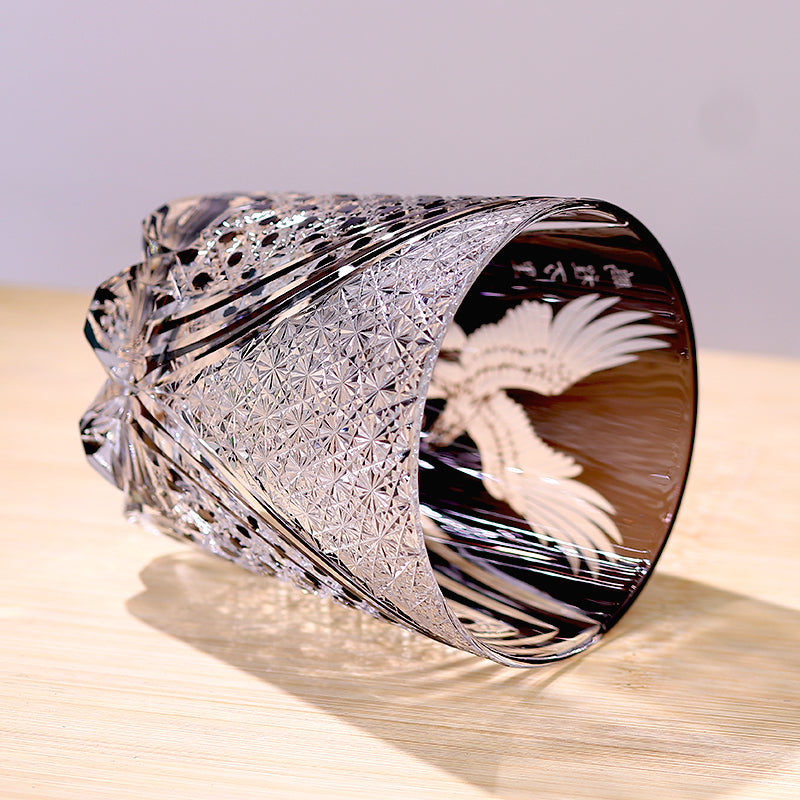 JP-009 320ml Hand Engraved and Black Colored Whiskey Glass Tumbler with Edo Kiriko's Hawk Spread Wings Design