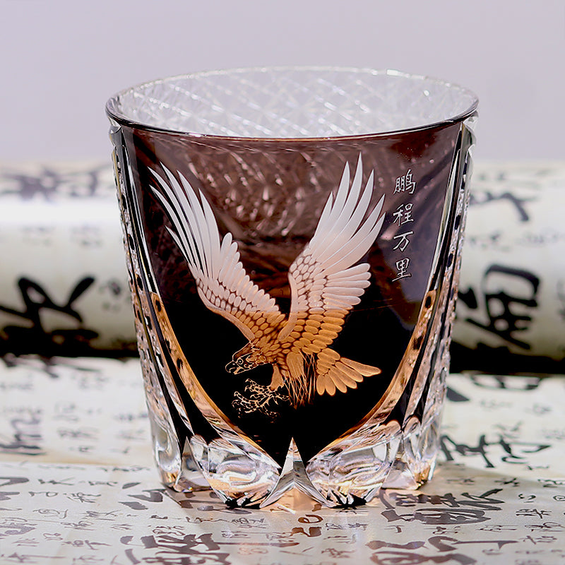 JP-009 320ml Hand Engraved and Black Colored Whiskey Glass Tumbler with Edo Kiriko's Hawk Spread Wings Design