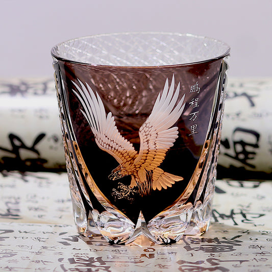 JP-009 320ml Hand Engraved and Black Colored Whiskey Glass Tumbler with Edo Kiriko's Hawk Spread Wings Design