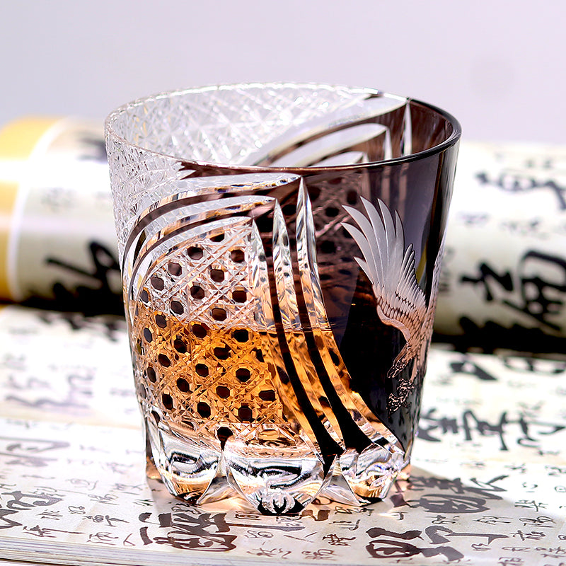 JP-009 320ml Hand Engraved and Black Colored Whiskey Glass Tumbler with Edo Kiriko's Hawk Spread Wings Design