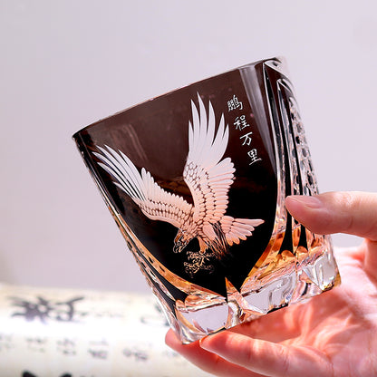 JP-009 320ml Hand Engraved and Black Colored Whiskey Glass Tumbler with Edo Kiriko's Hawk Spread Wings Design