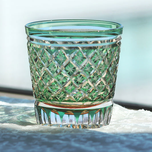 JP-010 330ml Handcrafts Green Overlay Crystal Glass Whiskey Tumbler with Edo Kiriko Carved Stars Design