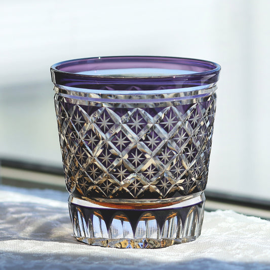 JP-010 330ml Handcrafts Edo Kiriko's Purple Colored Whiskey Glass Tumbler with Cutting Stars Design