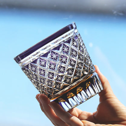 JP-010 330ml Handcrafts Edo Kiriko's Purple Colored Whiskey Glass Tumbler with Cutting Stars Design