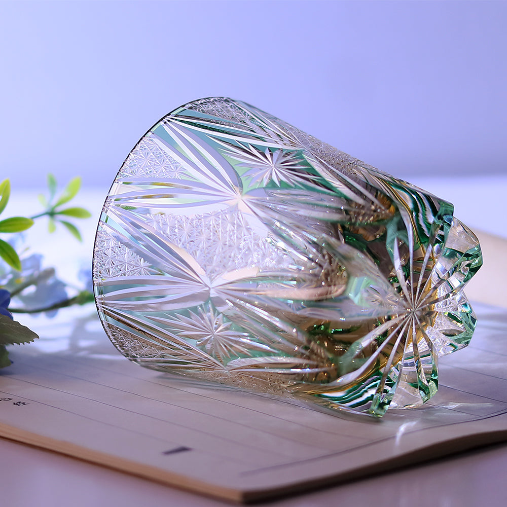 JP-013  320ml Handcrafted Green Edo Kiriko Whisky Glass Tumbler With Gift Box