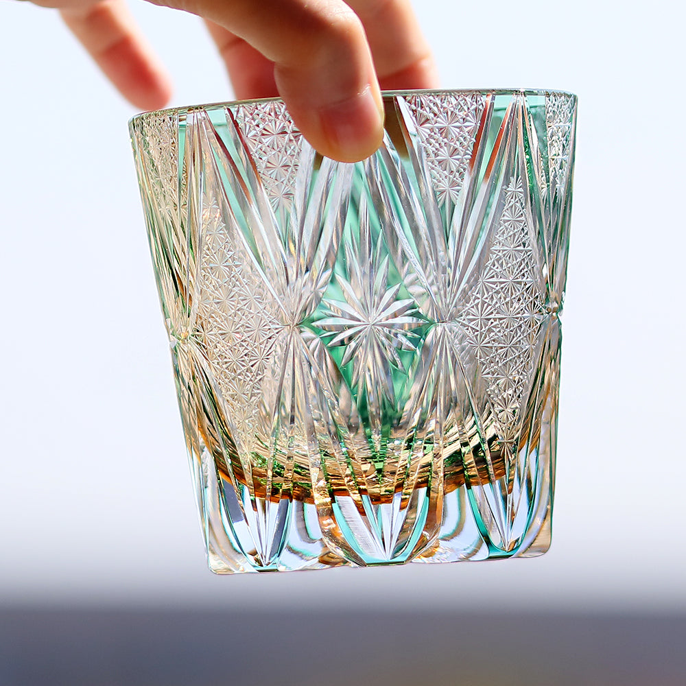 JP-013  320ml Handcrafted Green Edo Kiriko Whisky Glass Tumbler With Gift Box