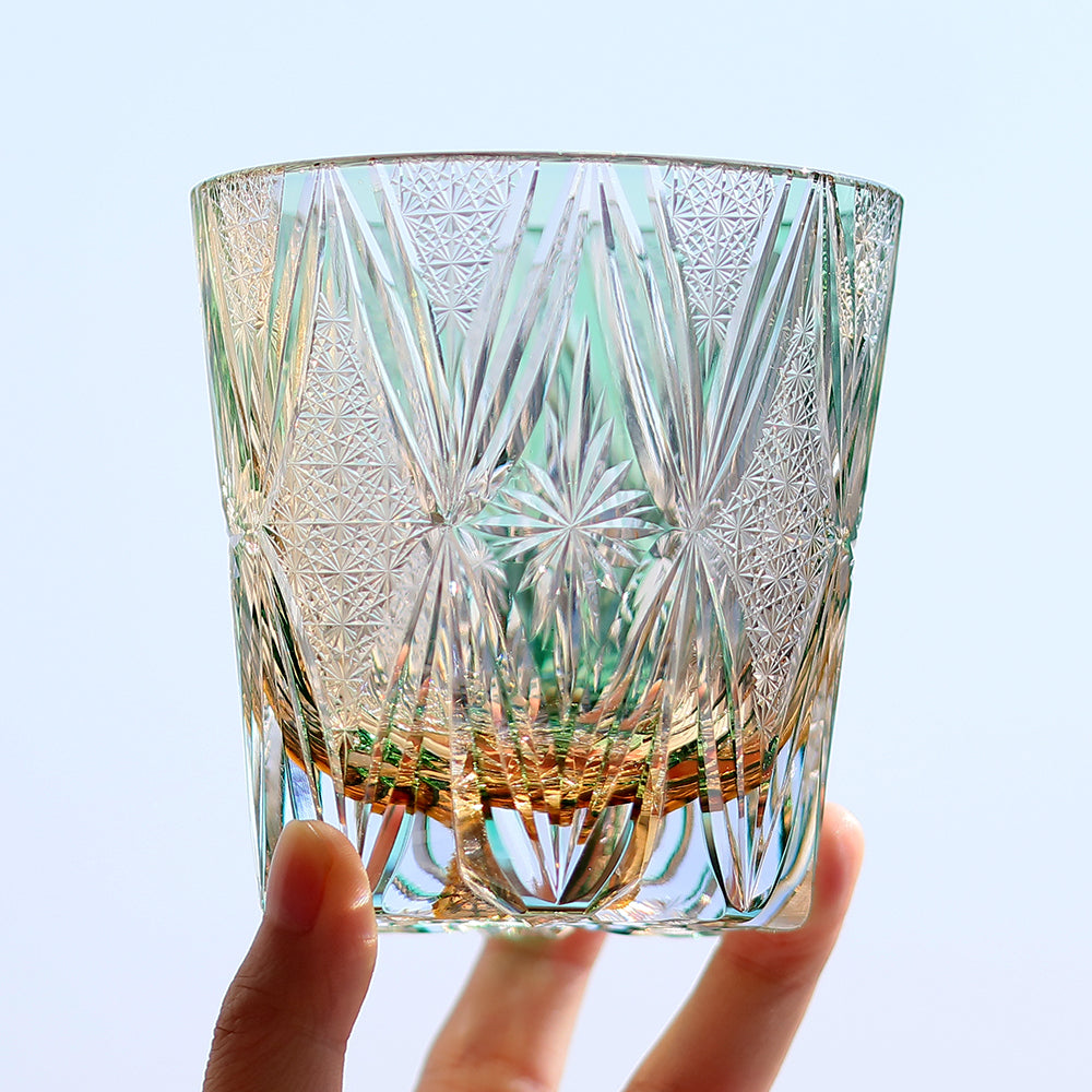 JP-013  320ml Handcrafted Green Edo Kiriko Whisky Glass Tumbler With Gift Box