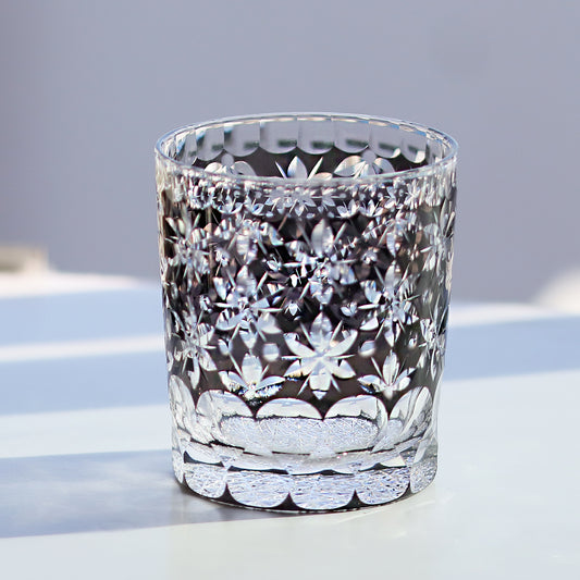 Black Glass Hand Cut To Clear Sakura Whiskey Galss 9oz