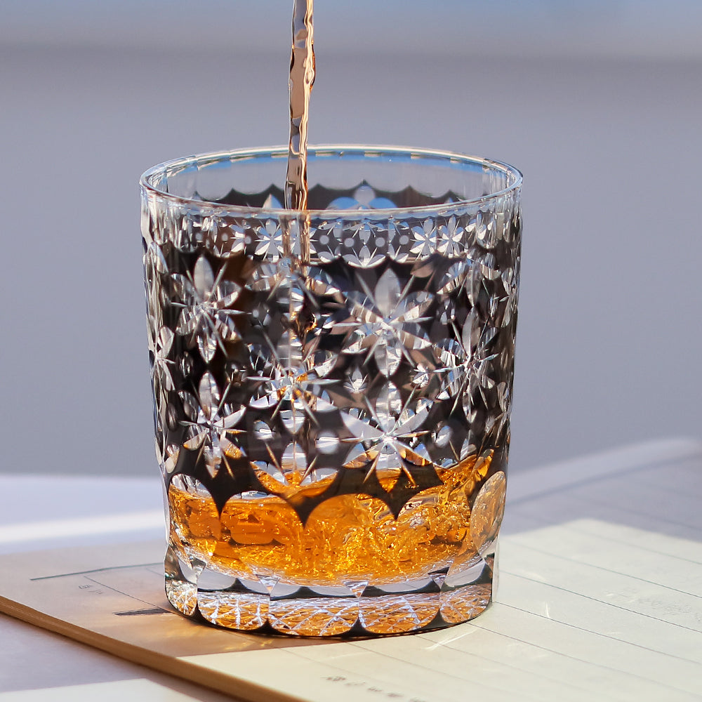 JP-044 250 ml Edo Kiriko Handcrafted Edo Kiriko's Sakura Snow Whisky Glasses Black