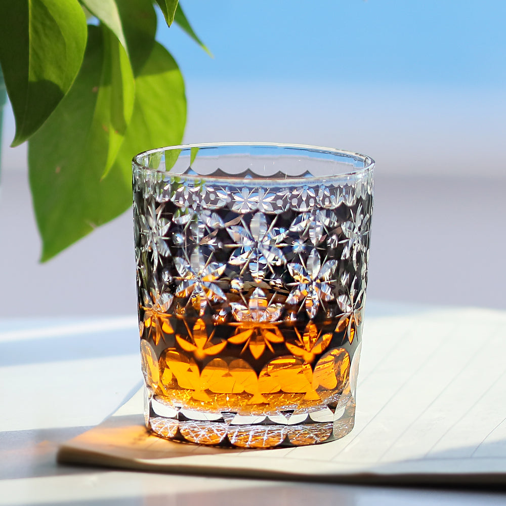 JP-044 250 ml Edo Kiriko Handcrafted Edo Kiriko's Sakura Snow Whisky Glasses Black
