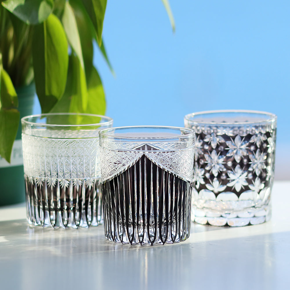 JP-130-1  Japanese Style Edo Kiriko Handcrafted Stellar Nexus Whisky Glasses Black With Gift Box