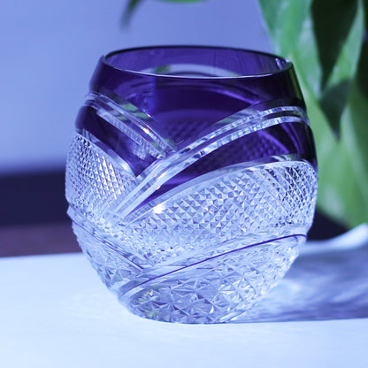 JP-057 300 ml Hand Cut to Clear Purple Water Juice Cup Round Curved Shape Crystal Cocktails Tumbler Purple Colored Crystal Glass Whisky Tumbler