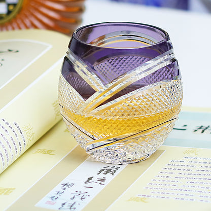 JP-057 300 ml Hand Cut to Clear Purple Water Juice Cup Round Curved Shape Crystal Cocktails Tumbler Purple Colored Crystal Glass Whisky Tumbler