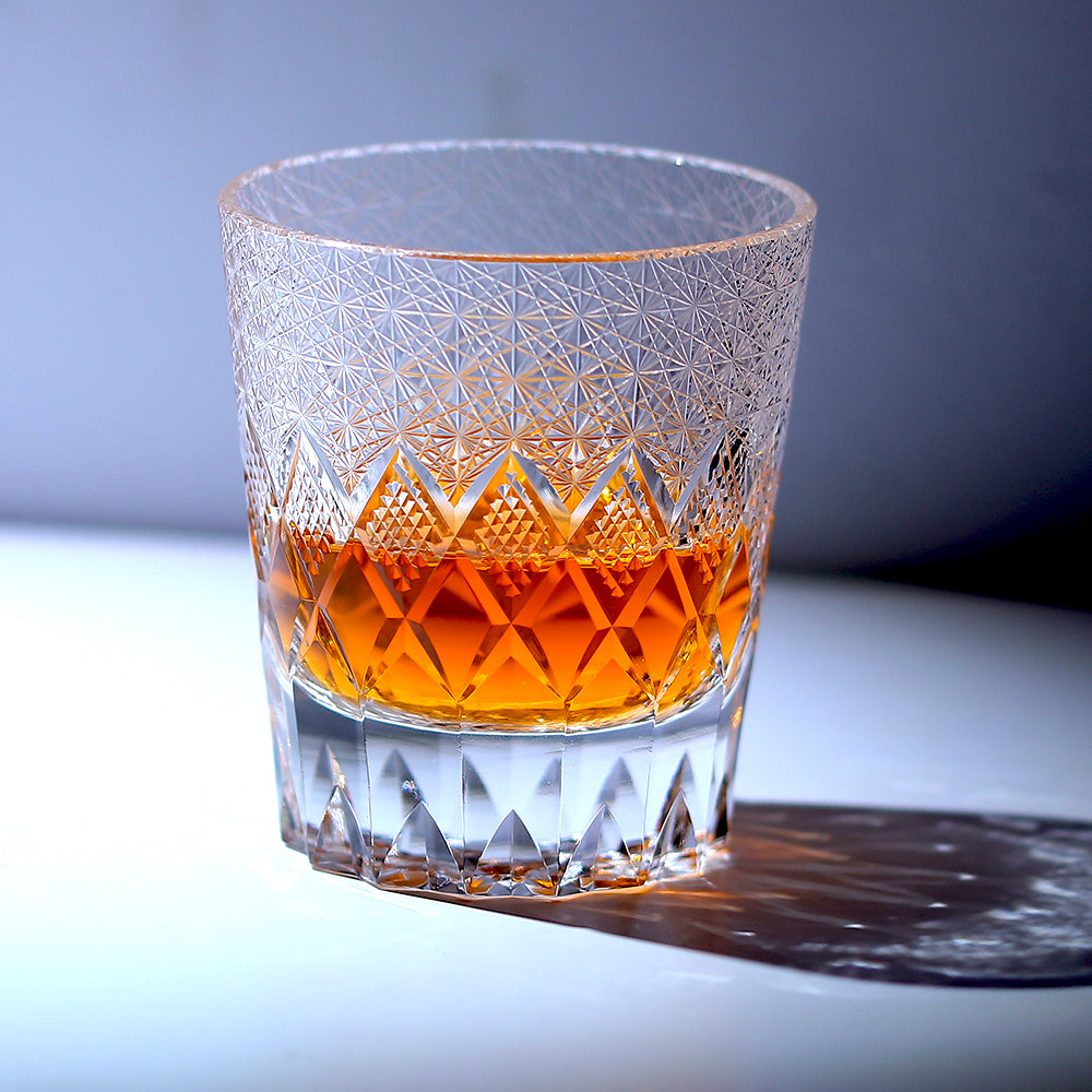 JP-124 240 ml Japanese Style Edo Kiriko Handcrafted  K9 Crystal Whisky Glass Tumbler Chrysanthemum and Diamond Design
