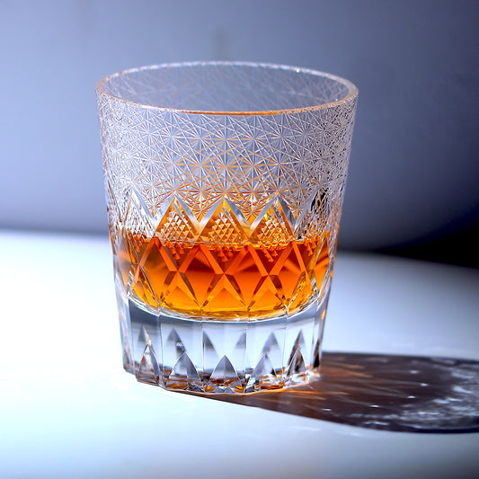 JP-124 240 ml Japanese Style Edo Kiriko Handcrafted  K9 Crystal Whisky Glass Tumbler Chrysanthemum and Diamond Design