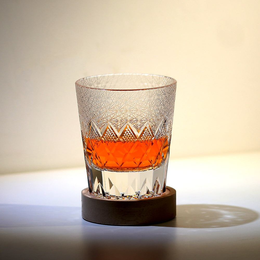 JP-124 240 ml Japanese Style Edo Kiriko Handcrafted  K9 Crystal Whisky Glass Tumbler Chrysanthemum and Diamond Design
