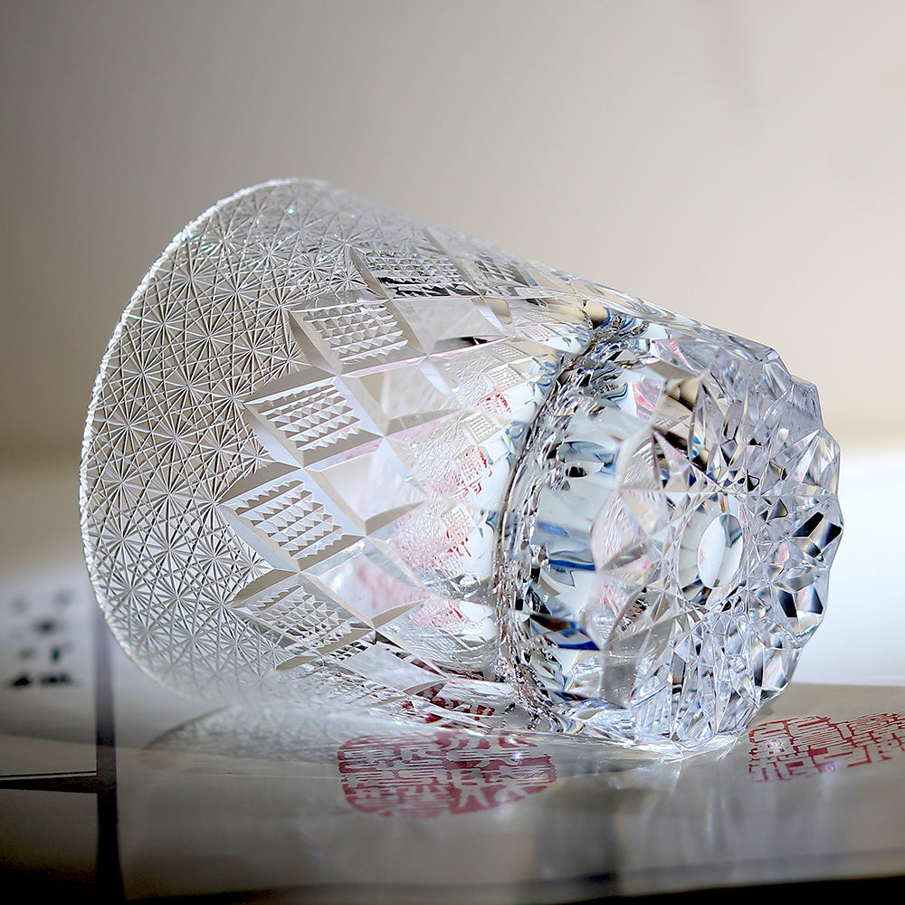 JP-124 240 ml Japanese Style Edo Kiriko Handcrafted  K9 Crystal Whisky Glass Tumbler Chrysanthemum and Diamond Design