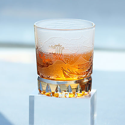 JP-036 Japanese Style Edo Kiriko Handcrafted Fuji Wave Whisky Glass Collection Orange With Gift Box