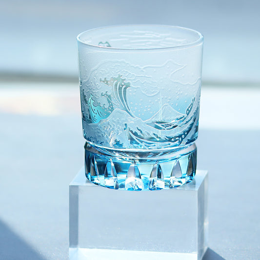 Edo Kiriko Frosted Glass Hand Cut to Clear for Whiskey Blue 9oz
