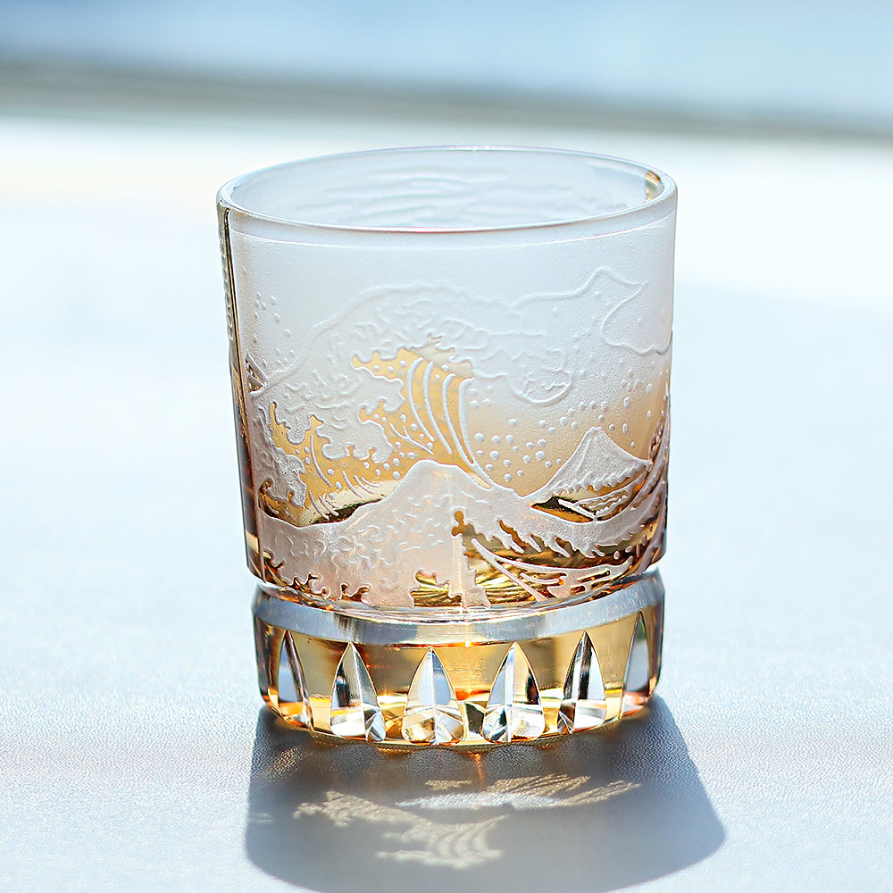 JP-036 Japanese Style Edo Kiriko Handcrafted Fuji Wave Whisky Glass Collection Orange With Gift Box