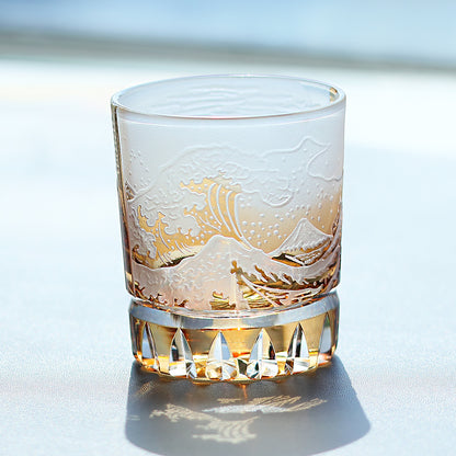 JP-036 Japanese Style Edo Kiriko Handcrafted Fuji Wave Whisky Glass Collection Orange With Gift Box