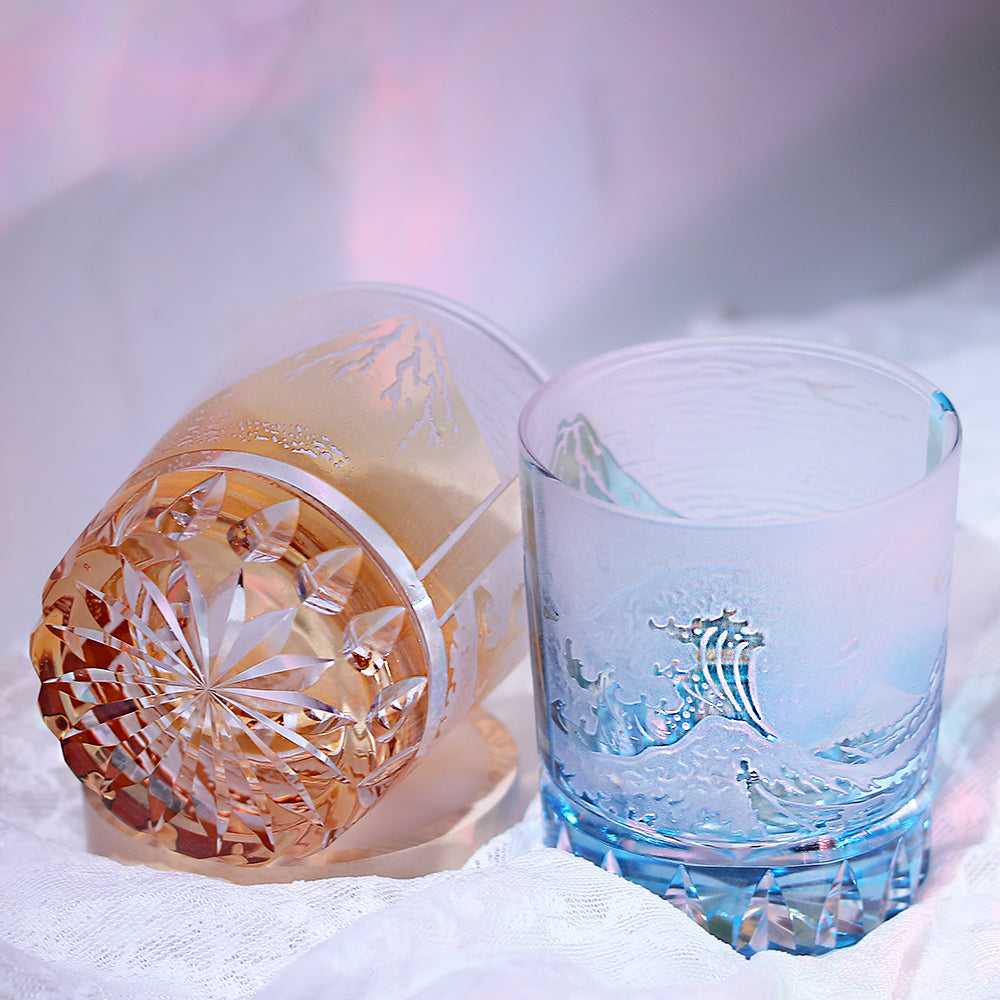 JP-036 Japanese Style Edo Kiriko Handcrafted Fuji Wave Whisky Glass Collection Orange With Gift Box
