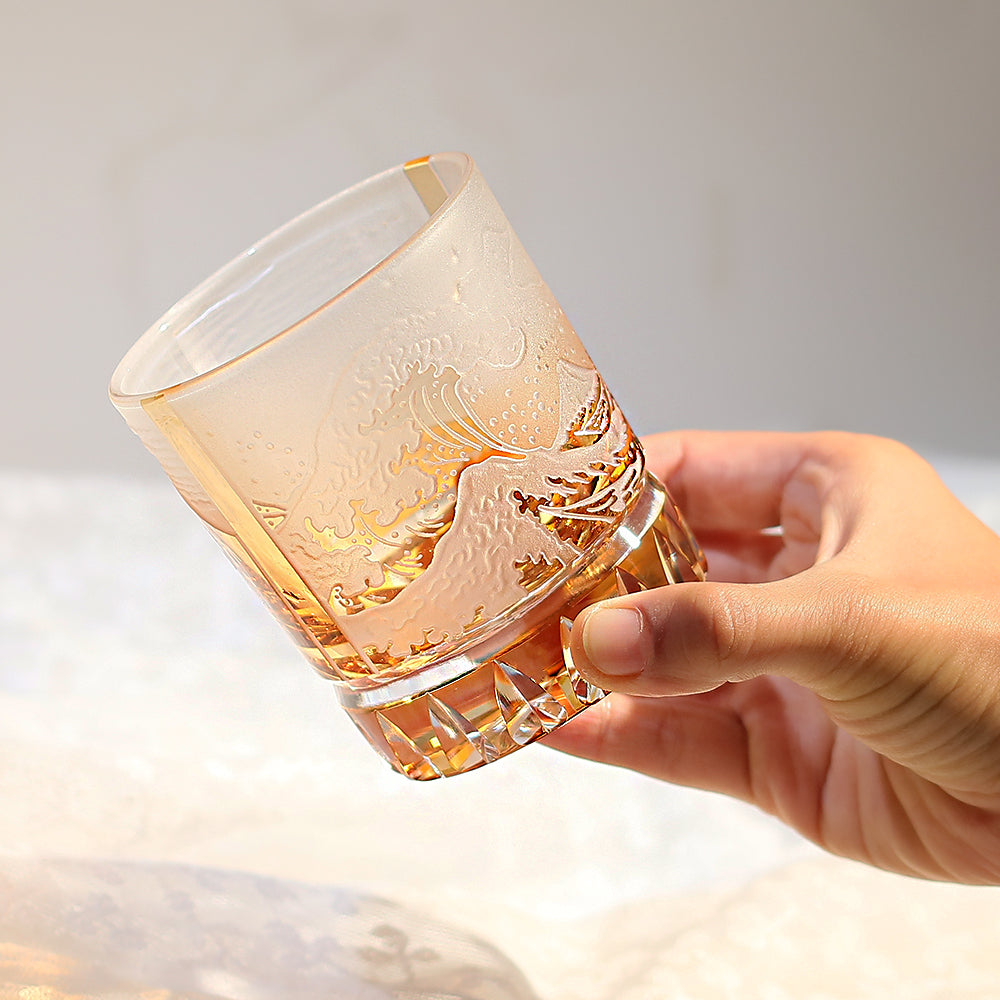 JP-036 Japanese Style Edo Kiriko Handcrafted Fuji Wave Whisky Glass Collection Orange With Gift Box