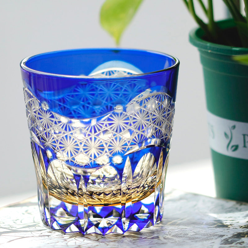 JP-106 32 cl Japanese Style Edo Kiriko Handcrafted Blue Prism Cocktail Whisky Glass With Gift Box
