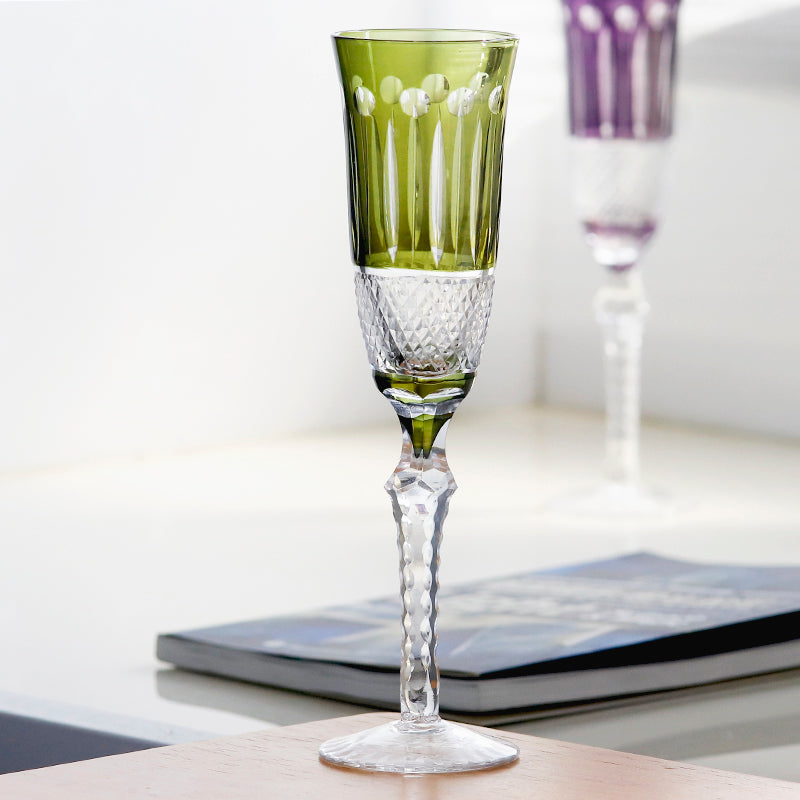 Champagne Flute 5oz Hand Cut Glass Stemware Green